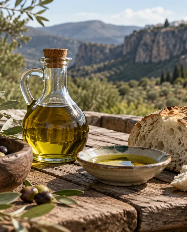 Quesos, aceite y otros productos sobre una mesa al aire libre.