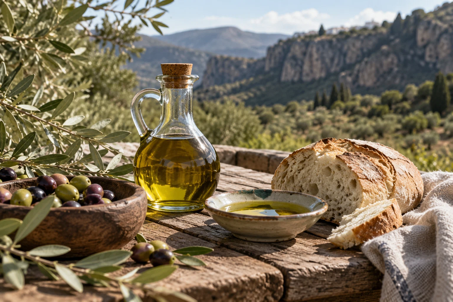 Quesos, aceite y otros productos sobre una mesa al aire libre.