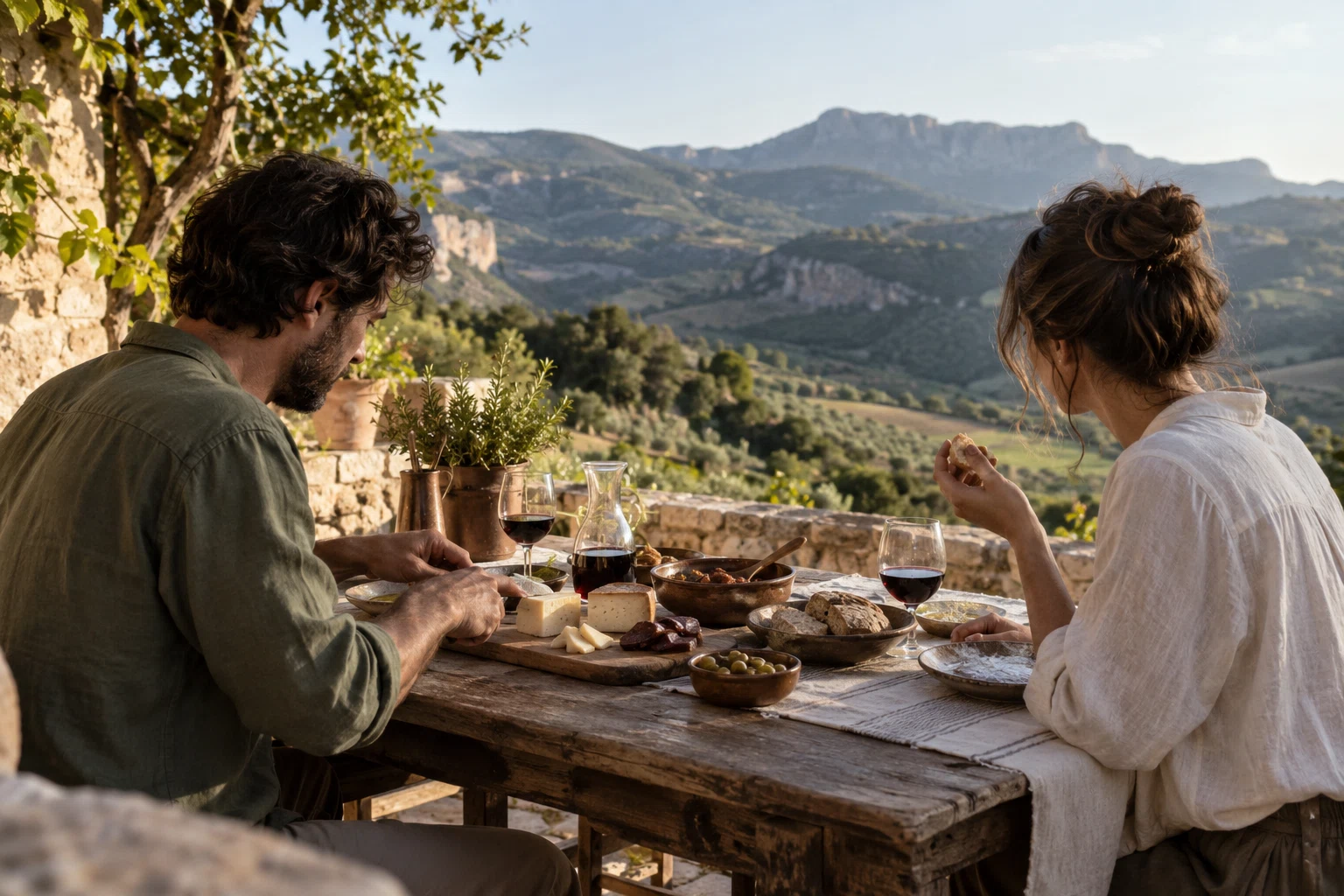 Degustación compartida con paisaje de montaña.