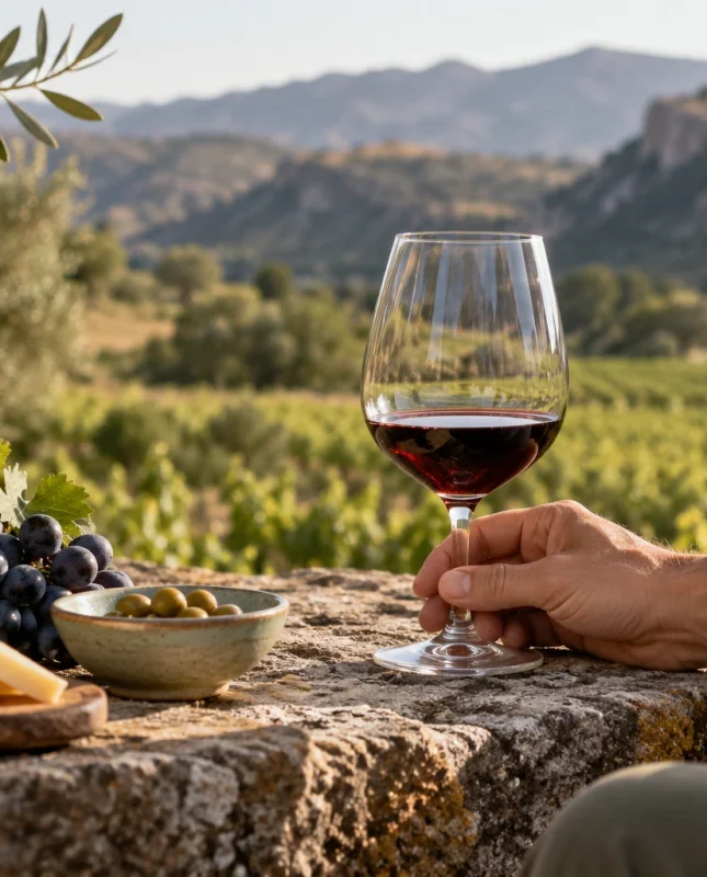 Copas de vino y uvas sobre una mesa con vistas al paisaje.