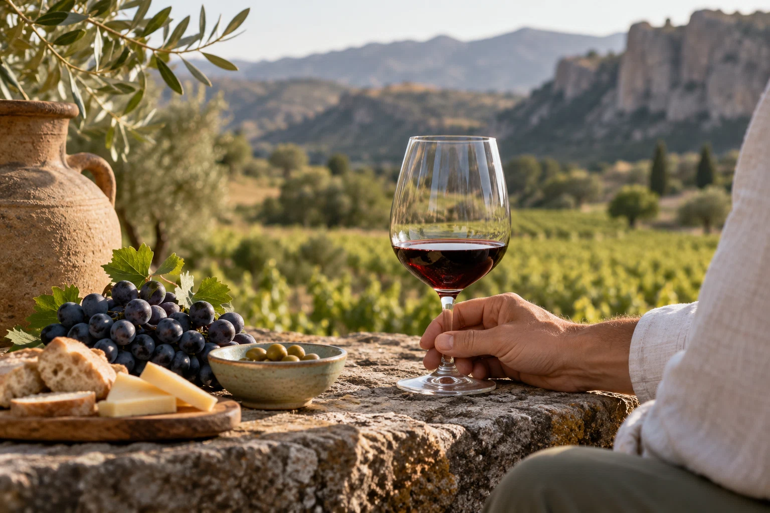 Copas de vino y uvas sobre una mesa con vistas al paisaje.