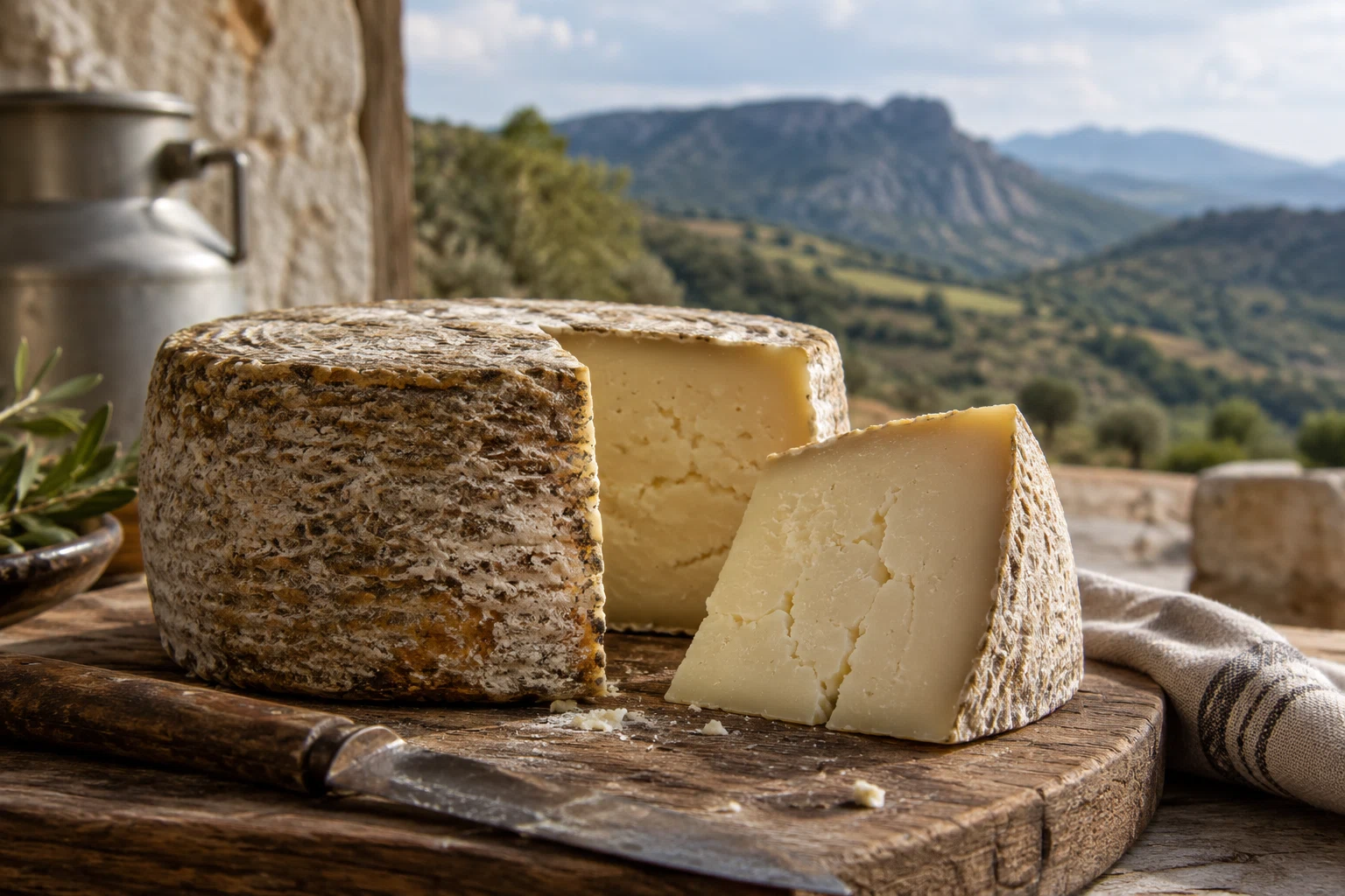 Quesos artesanos sobre una tabla de madera, con paisaje de montaña al fondo.