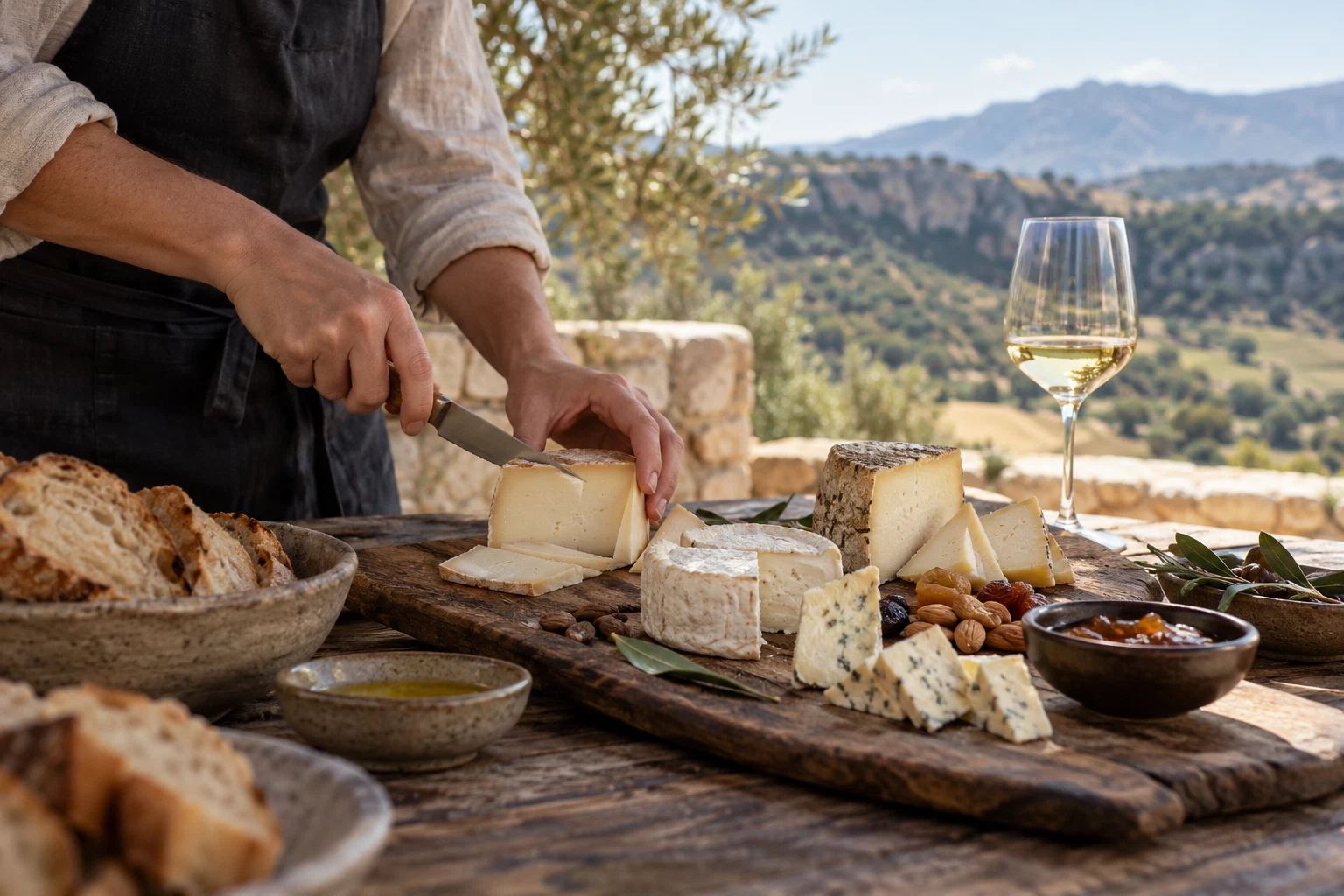Corte de queso sobre una tabla preparada para degustar.