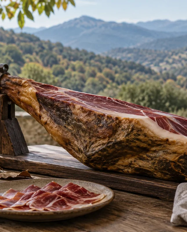 Pieza de jamón y lonchas servidas junto a castañas, con paisaje al fondo.