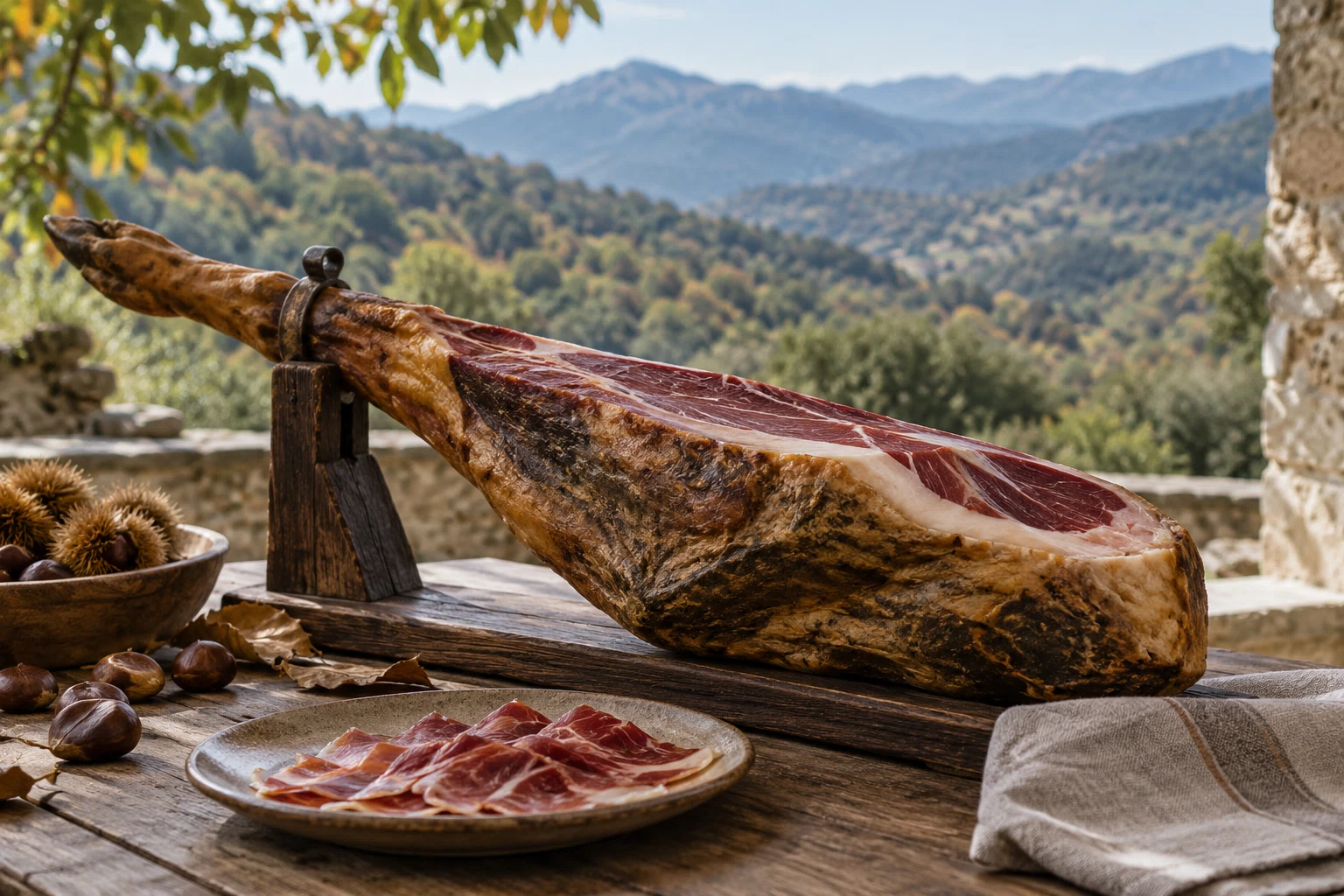 Pieza de jamón y lonchas servidas junto a castañas, con paisaje al fondo.