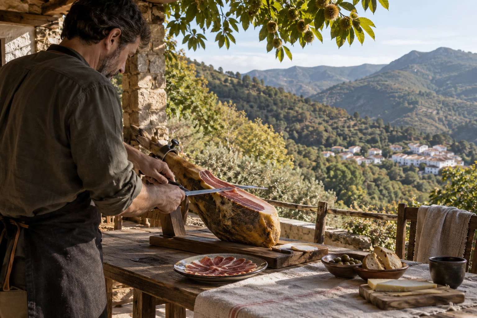 Demostración de corte de jamón en una terraza rural.