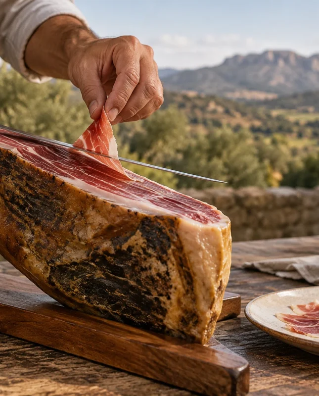 Detalle del corte de una loncha de jamón.