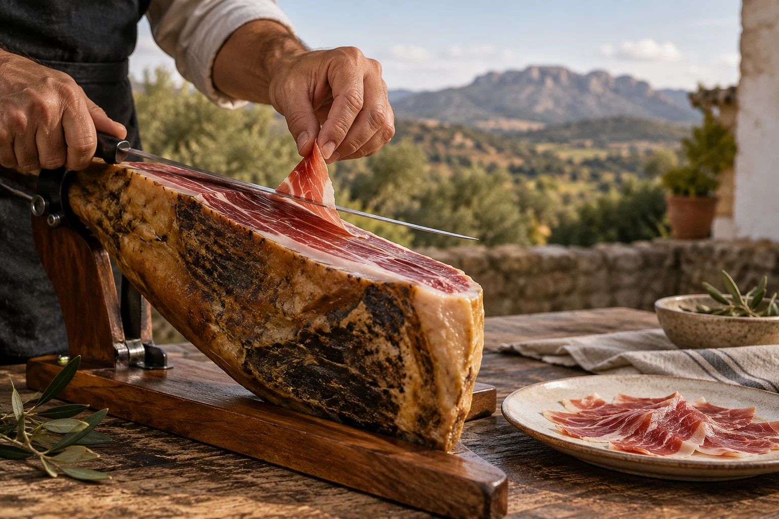 Detalle del corte de una loncha de jamón.