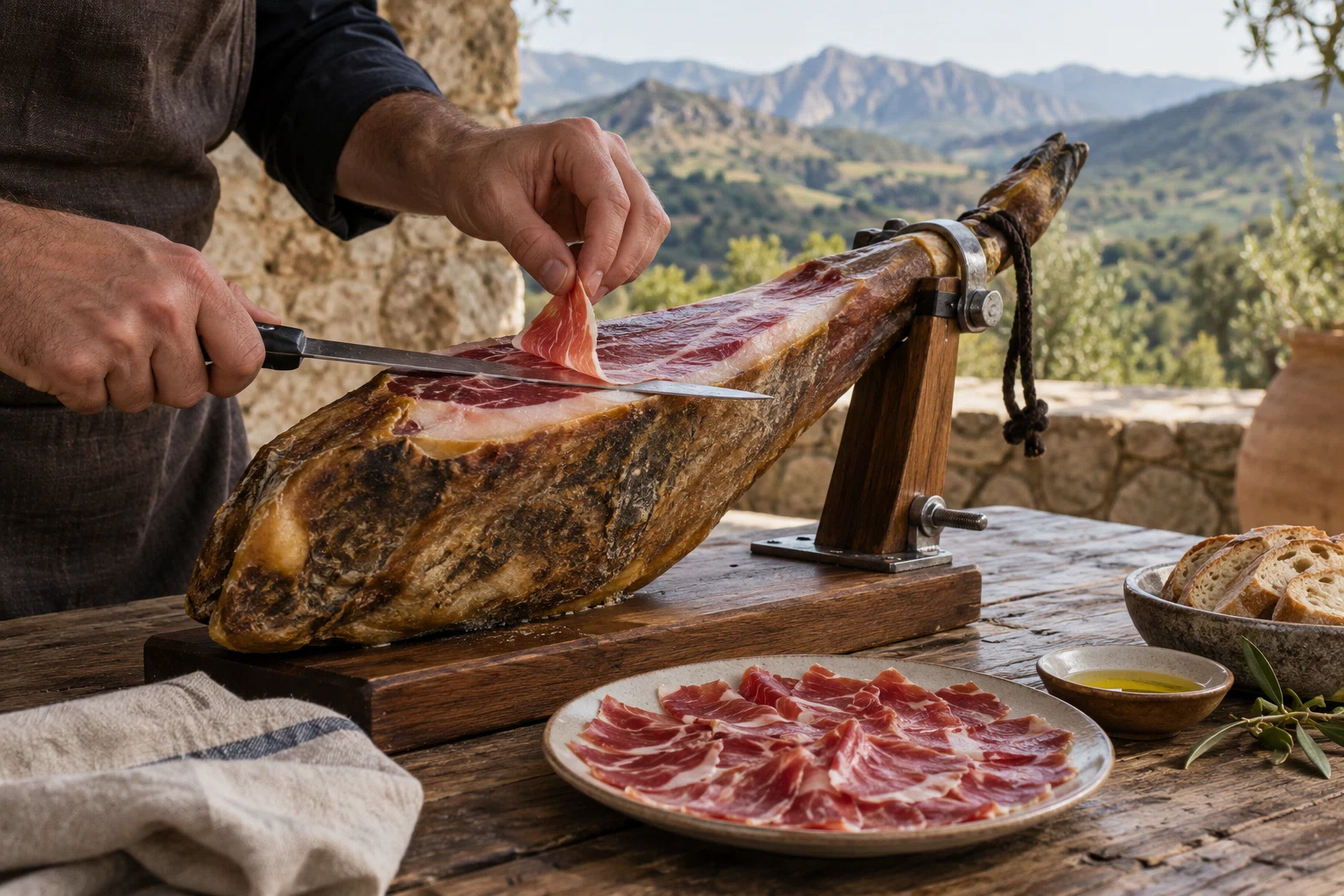 Profesional cortando jamón junto a un plato de lonchas.