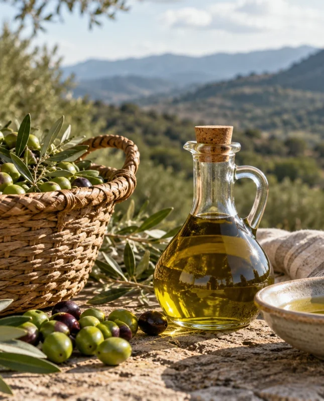 Aceitunas, ramas de olivo y aceite sobre una mesa al aire libre.