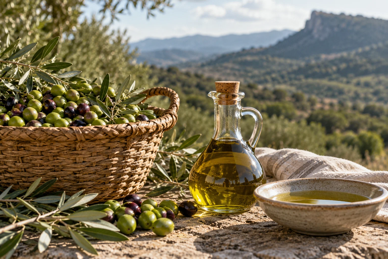 Aceitunas, ramas de olivo y aceite sobre una mesa al aire libre.