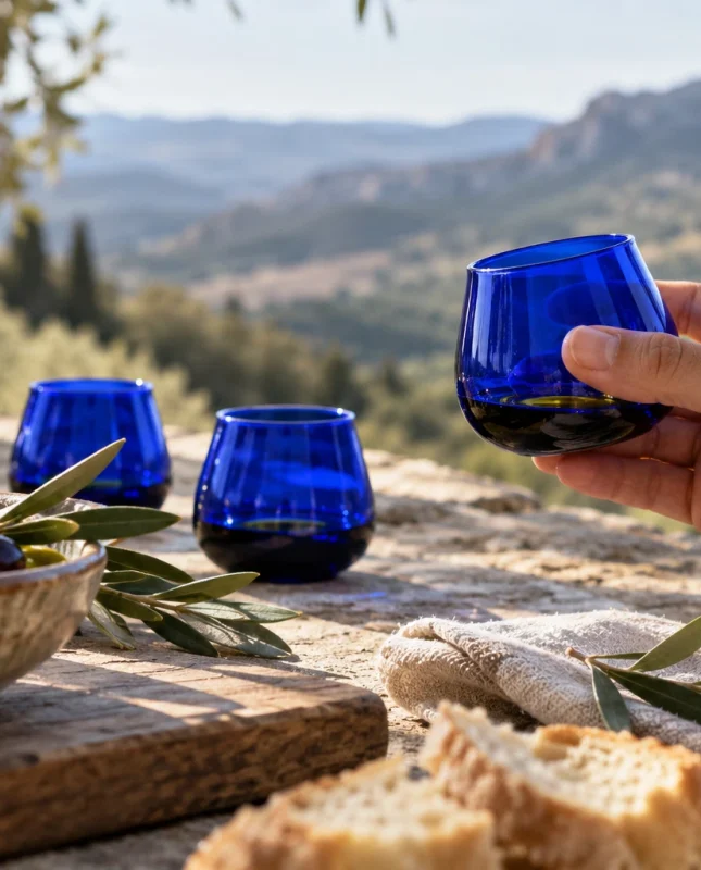 Vasos azules de cata, aceite y aceitunas sobre una mesa.