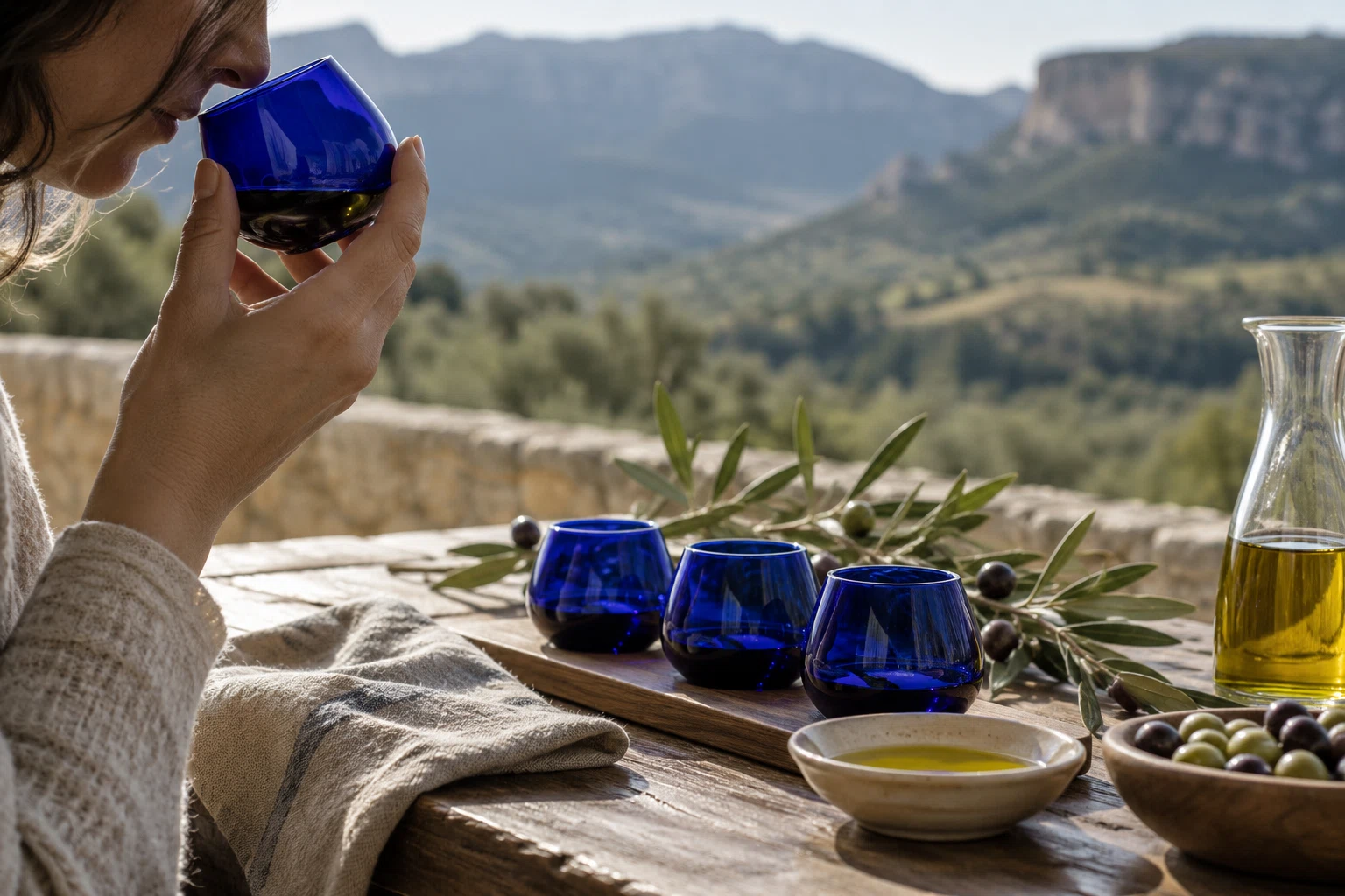 Persona apreciando el aroma de un aceite en un vaso de cata azul.