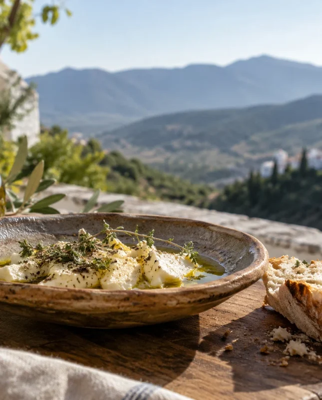 Plato de cocina local, aceite y pan con paisaje de un pueblo blanco al fondo.