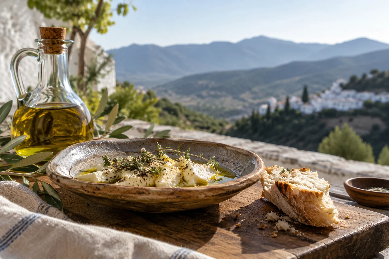 Plato de cocina local, aceite y pan con paisaje de un pueblo blanco al fondo.