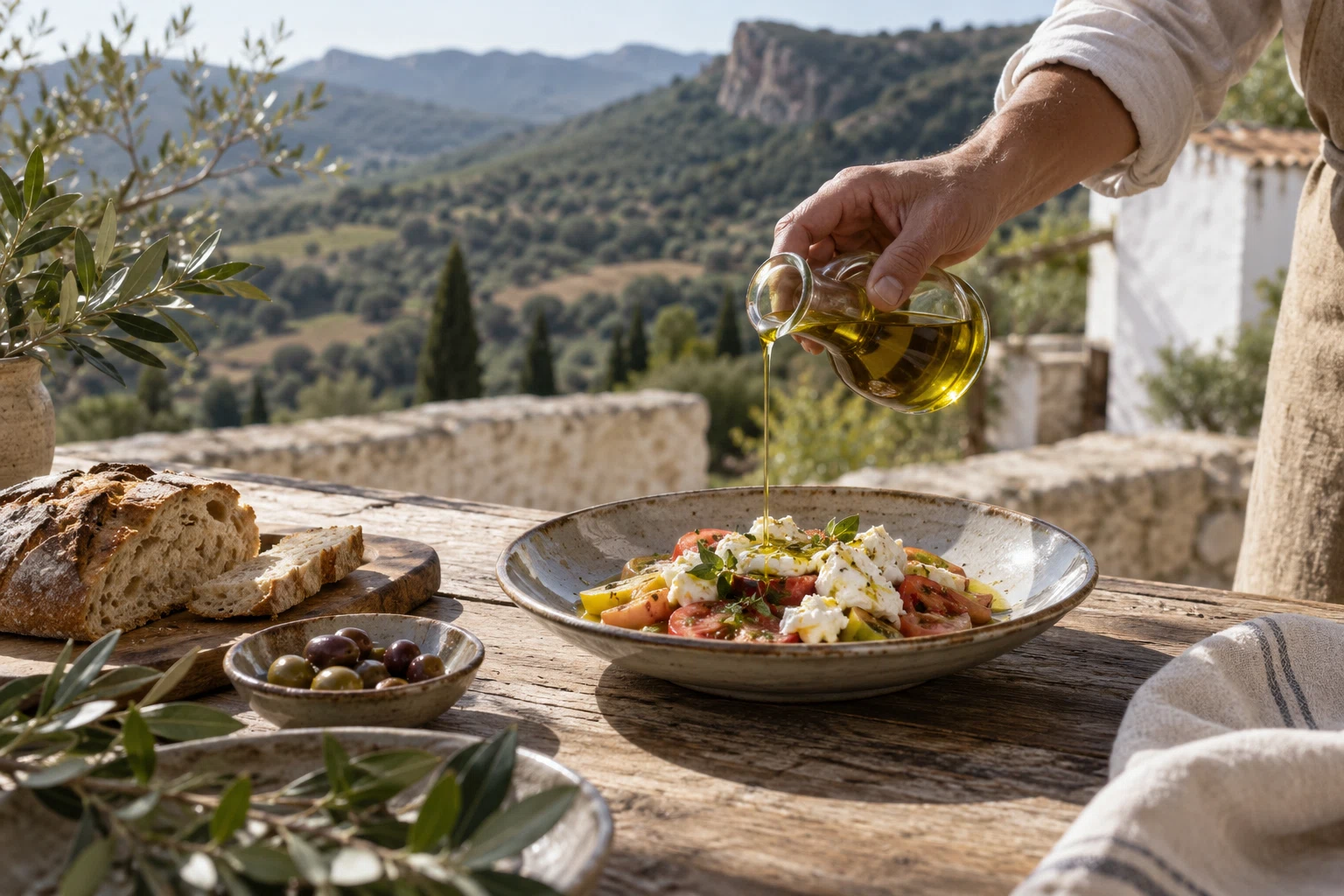 Aceite servido sobre un plato al aire libre.