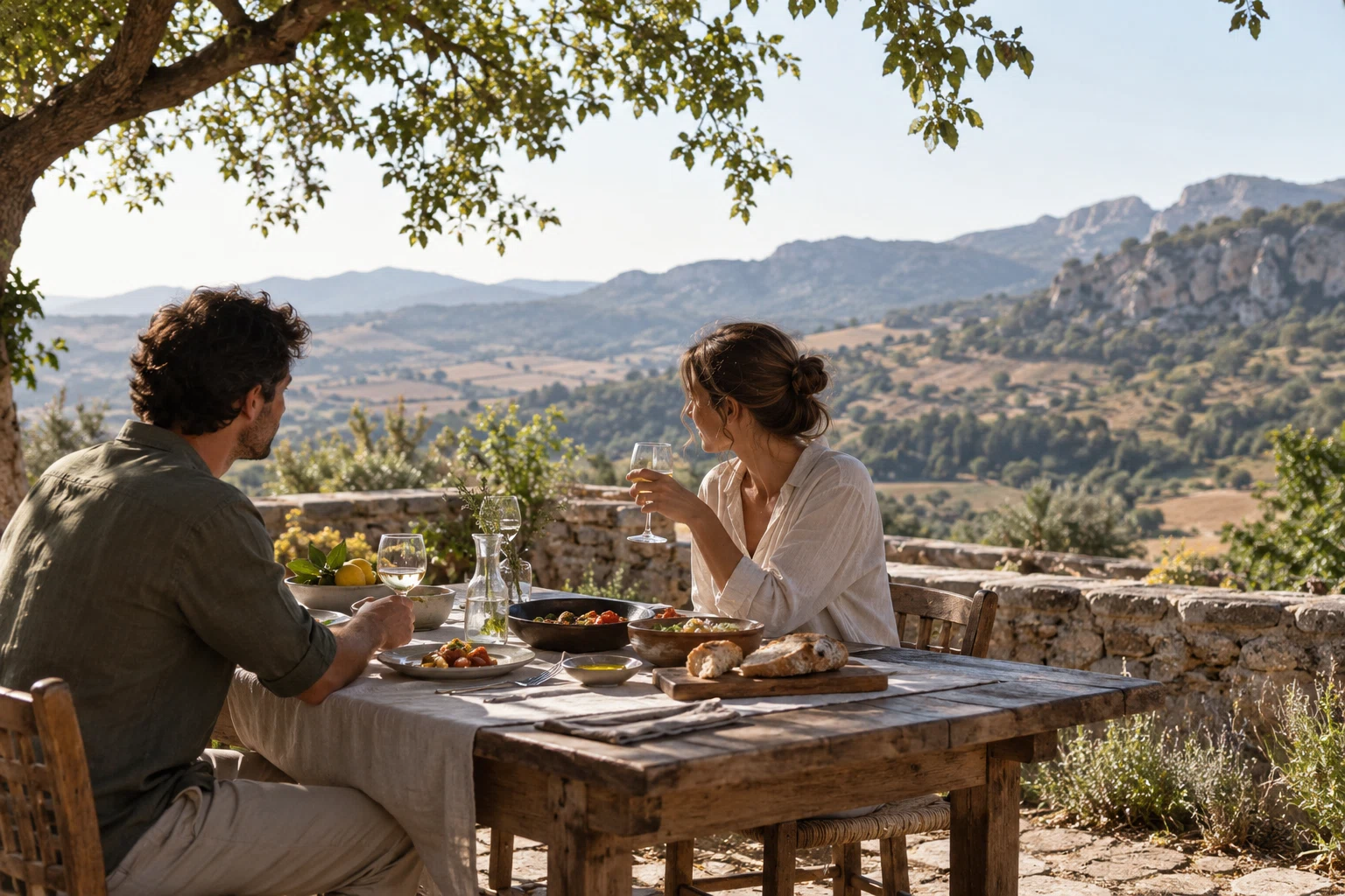 Dos personas compartiendo una comida junto al paisaje rural.
