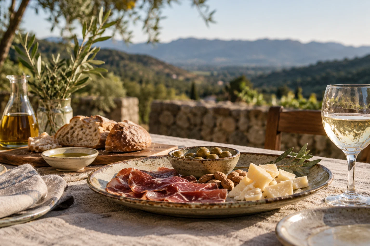 Tabla de productos gastronómicos en una terraza con vistas al campo.