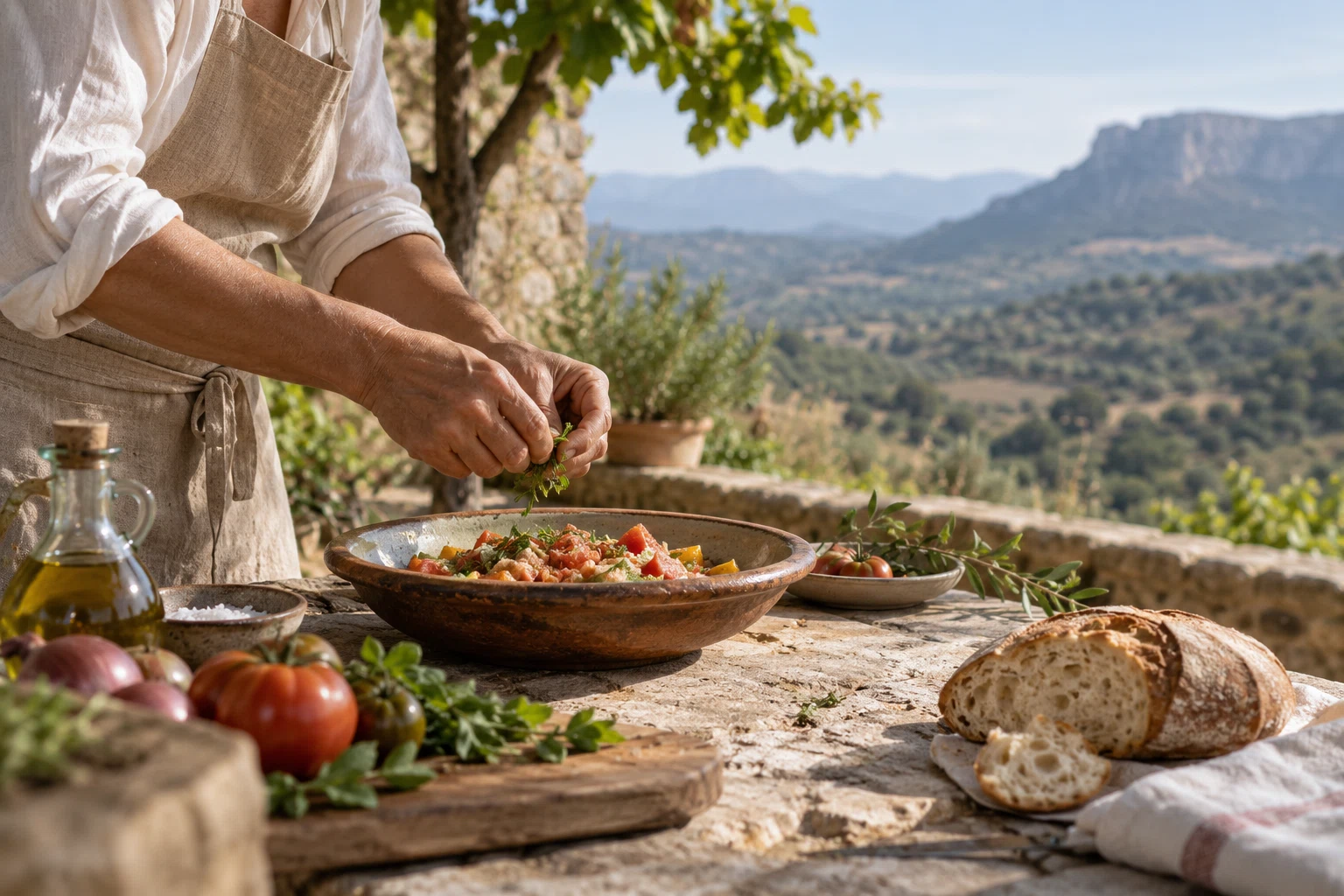 Preparación de un plato con productos frescos al aire libre.