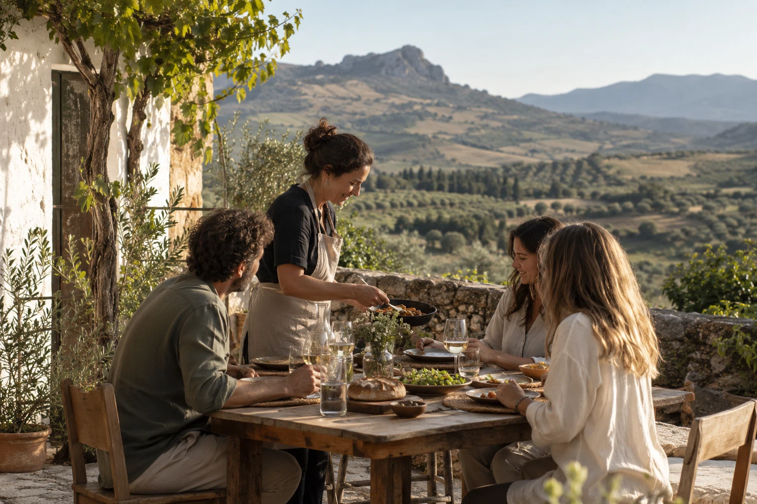 Pequeño grupo disfrutando de una comida en una terraza rural.