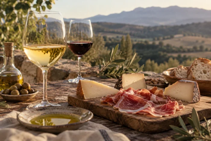 Vinos, quesos y jamón preparados para un maridaje.