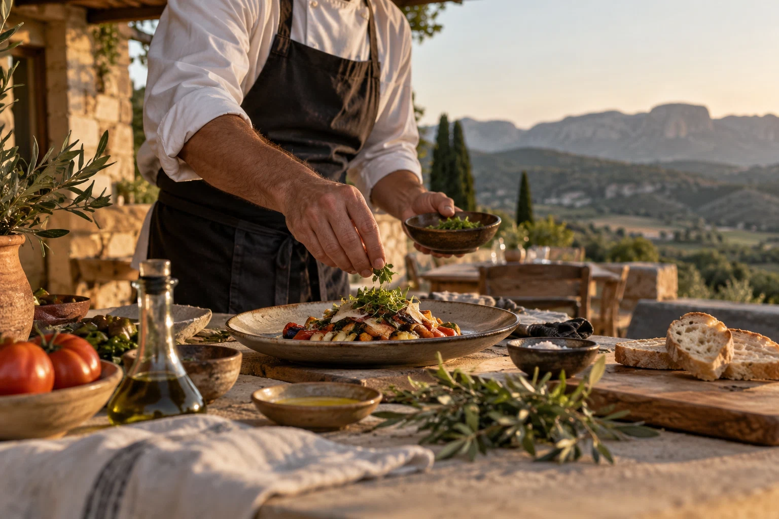 Chef preparando platos con productos frescos en una terraza