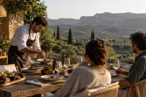 Comensales disfrutando de una cena servida por un chef en una terraza